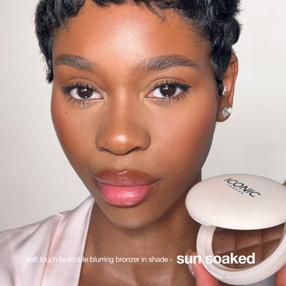 colour_Sun Soaked, | ICONIC London Fridays Buildable Blurring Bronze. Model wearing bronzer