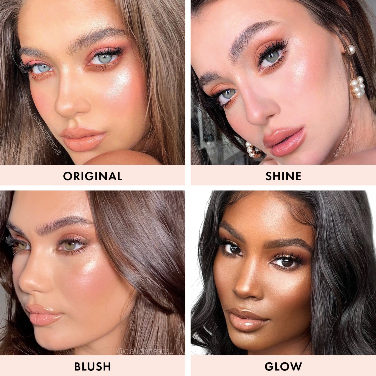 colour_ORIGINAL (Champagne Shimmer),colour_GLOW (Terracotta Bronze),colour_SHINE (Pink Pearl),colour_BLUSH (Peachy Rose Gold)