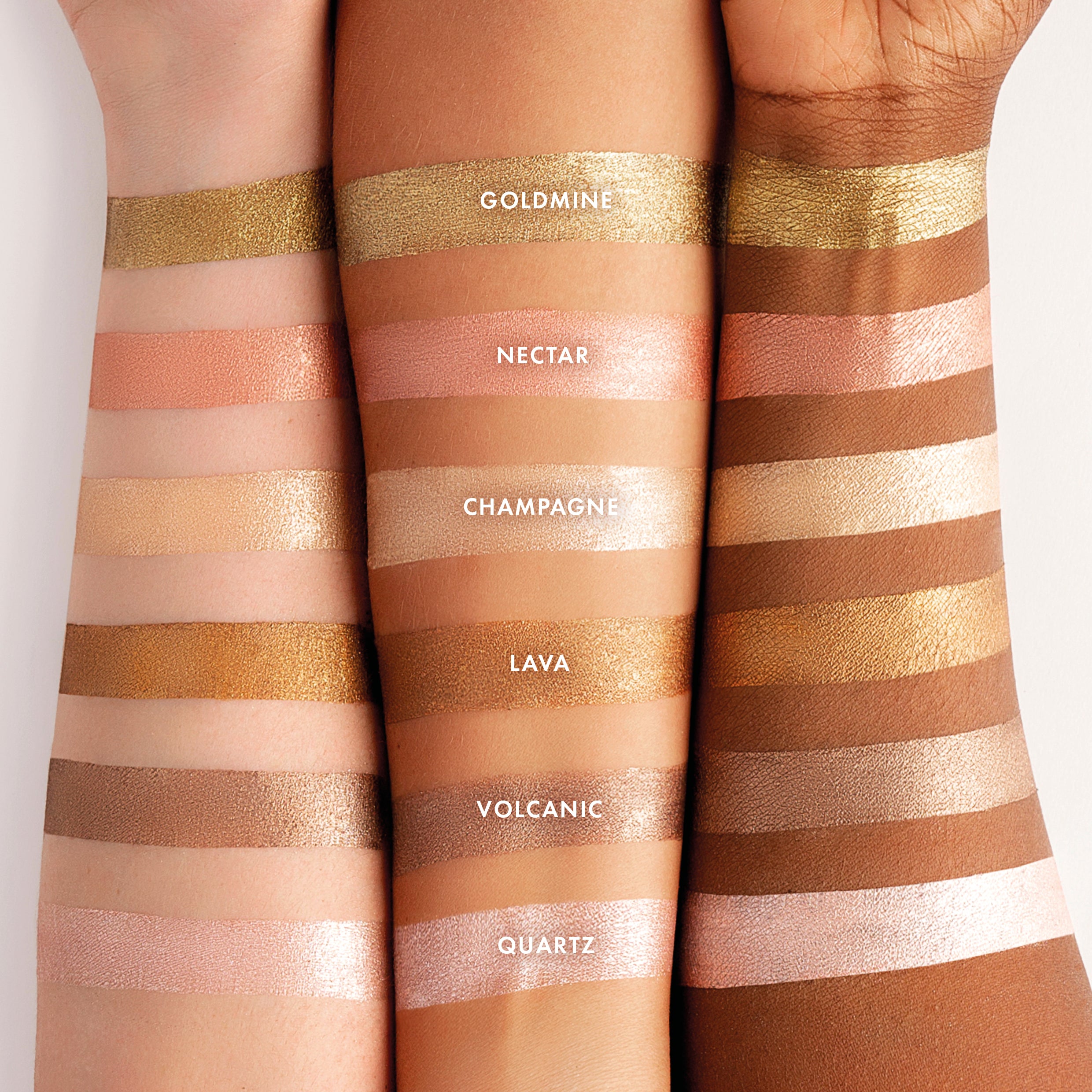 colour_ Goldmine (Show-off Gold), colour_ Nectar (Rose Gold), colour_ Champagne (Original Champagne, colour_ Lava (Burnt Copper), colour_Volcanic (Molten Bronze), colour_Quartz (Sugar Pink)